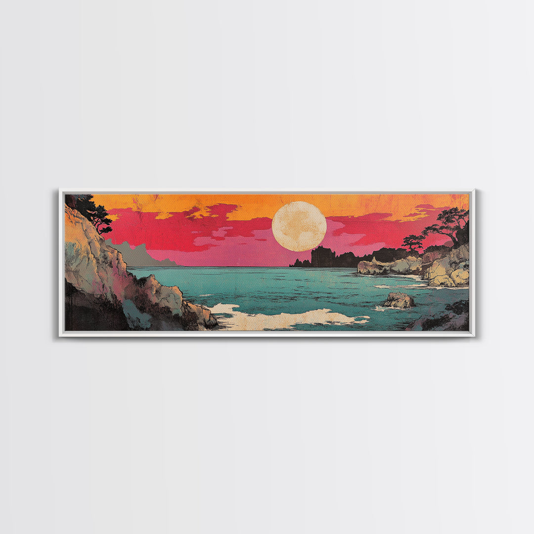 Pink Sunset Over Turquoise Cove Canvas Print, Japanese Coastal Wall Art, Ocean Seascape Decor, Beach House Wall Art Print