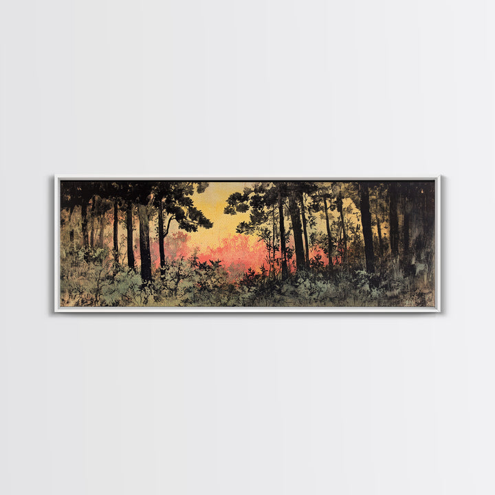 Dark Pine Forest At Pink Sunset Canvas Print, Moody Landscape Wall Art, Nature Wall Decor, Rustic Cabin Decor For Home Gift