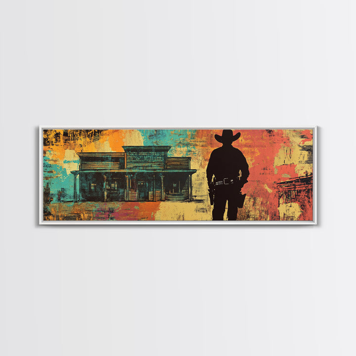 Cowboy Silhouette Beside Old Saloon Wall Art, Western Framed Canvas Print, Rustic Man Cave Decor, Southwest Statement Art