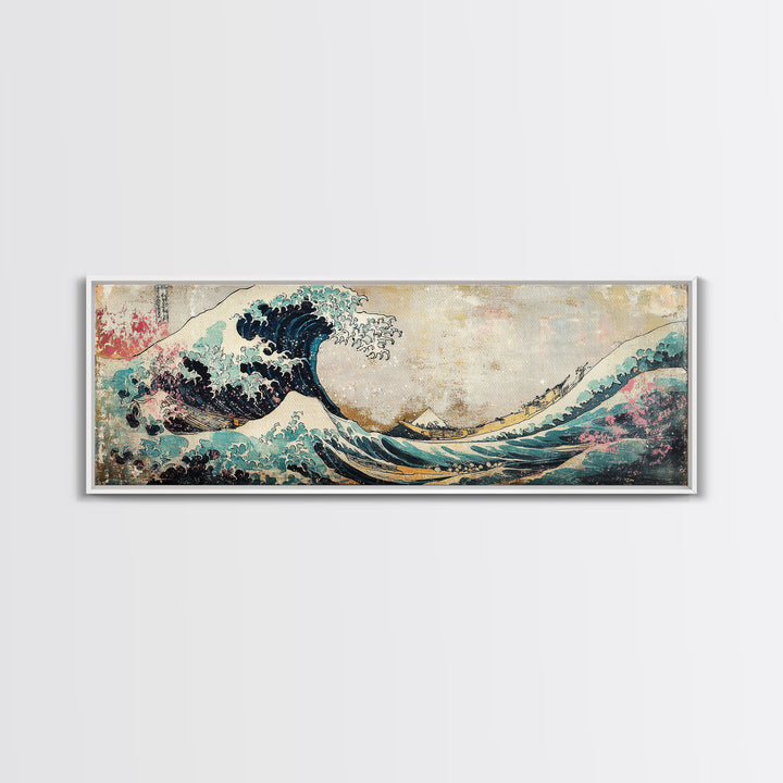Japanese Great Wave With Soft Pastel Mountains Wall Art, Ukiyo E Framed Canvas Print, Coastal Japandi Decor, Ocean Art Print