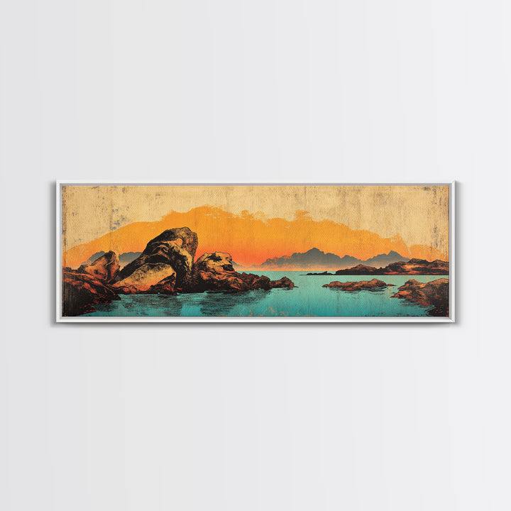 Orange Sunset Mountain Lake With Rocks Wall Art, Southwestern Canvas Print, Rustic Landscape Decor, Large Horizontal Art