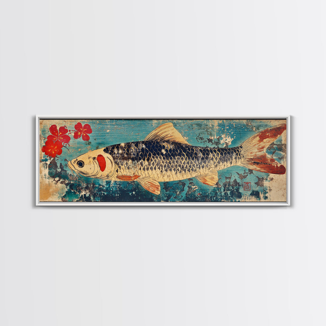 Koi Fish With Red Blossoms On Blue Texture Wall Art, Japanese Framed Canvas Print, Asian Decor, Nature Inspired Art Print