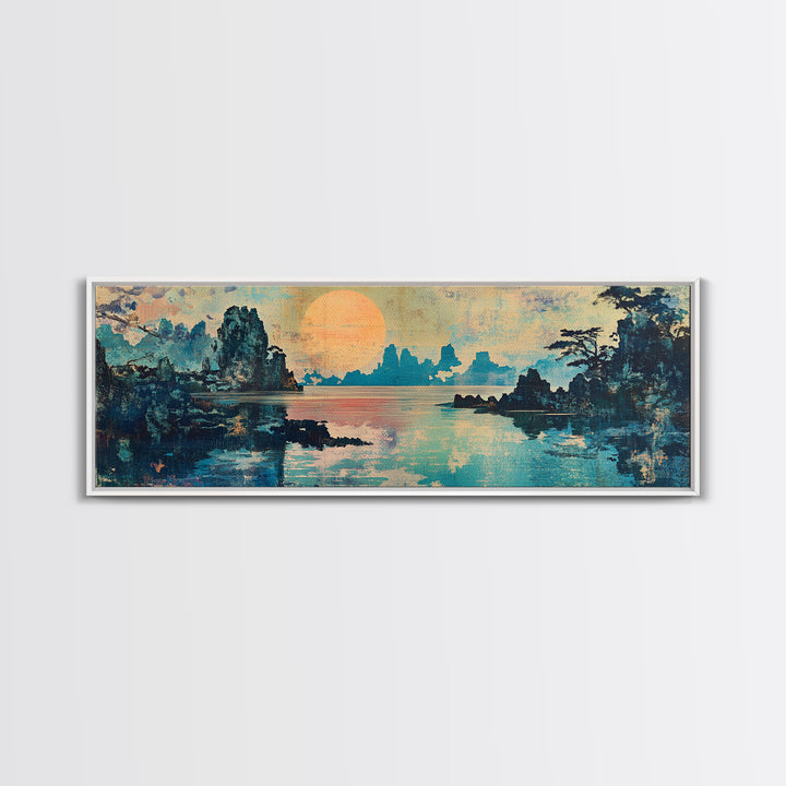 Serene Lake Sunset Framed Canvas Print, Japanese Landscape Wall Art, Coastal Home Decor, Living Room Art, Housewarming Gift