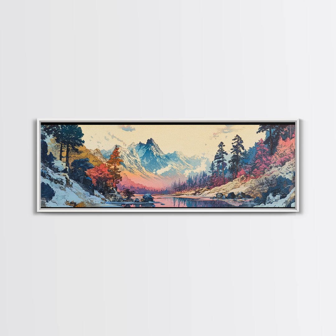 Snowy Mountain River Framed Canvas Print, Japanese Landscape Wall Art, Nature Wall Decor, Cabin Decor, Housewarming Gift