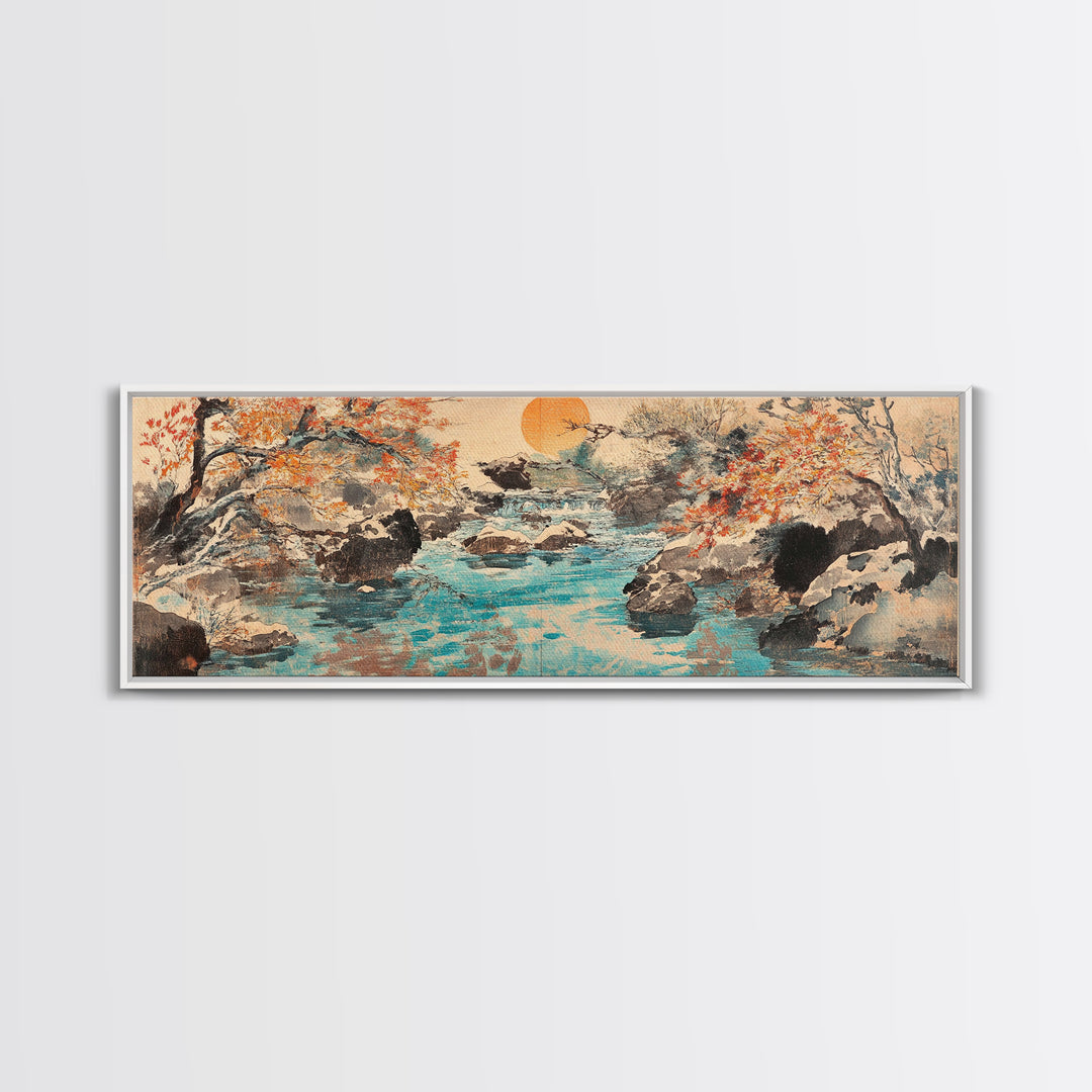 Autumn River Rocks Wall Art, Japanese Landscape Canvas Print, Nature Wall Decor, Rustic Home Decor, Calming Living Room Art