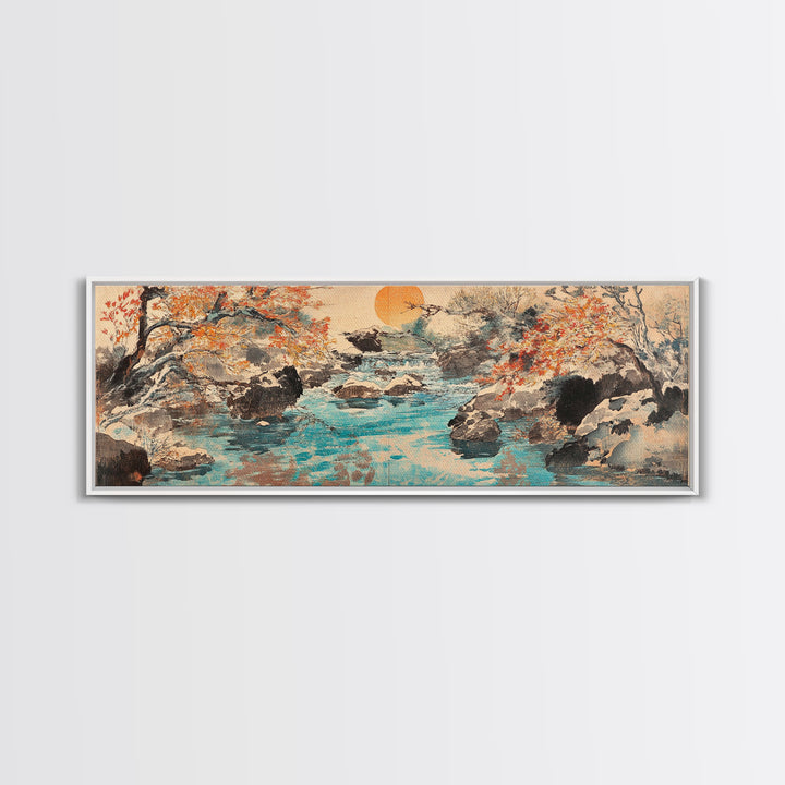 Autumn River Rocks Wall Art, Japanese Landscape Canvas Print, Nature Wall Decor, Rustic Home Decor, Calming Living Room Art