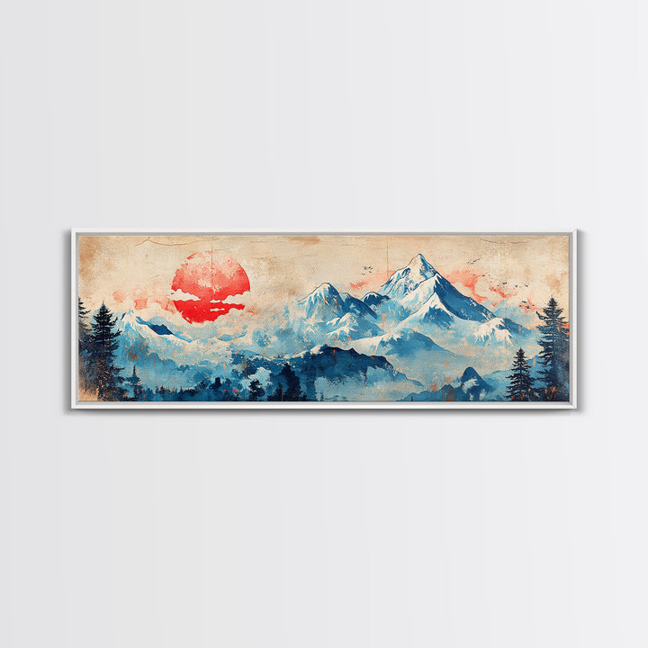 Blue Snowy Mountains And Red Sun Wall Art, Japanese Landscape Canvas Print, Minimalist Decor, Above Bed Art, Home Decor Print
