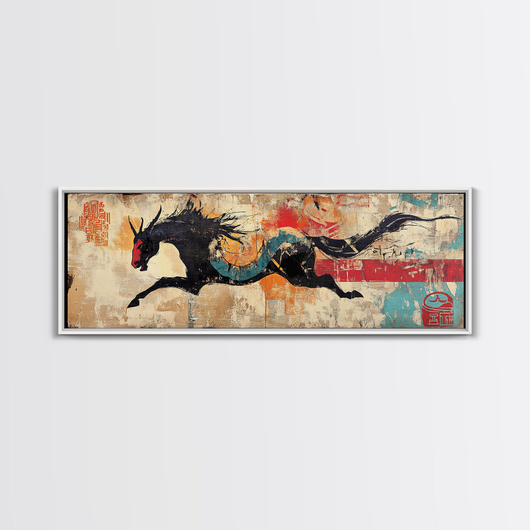 Black Dragon Horse Wall Art, Asian Fantasy Canvas Print, Japanese Decor, Mythical Creature Art, Bold Wall Decor, Gift For Him