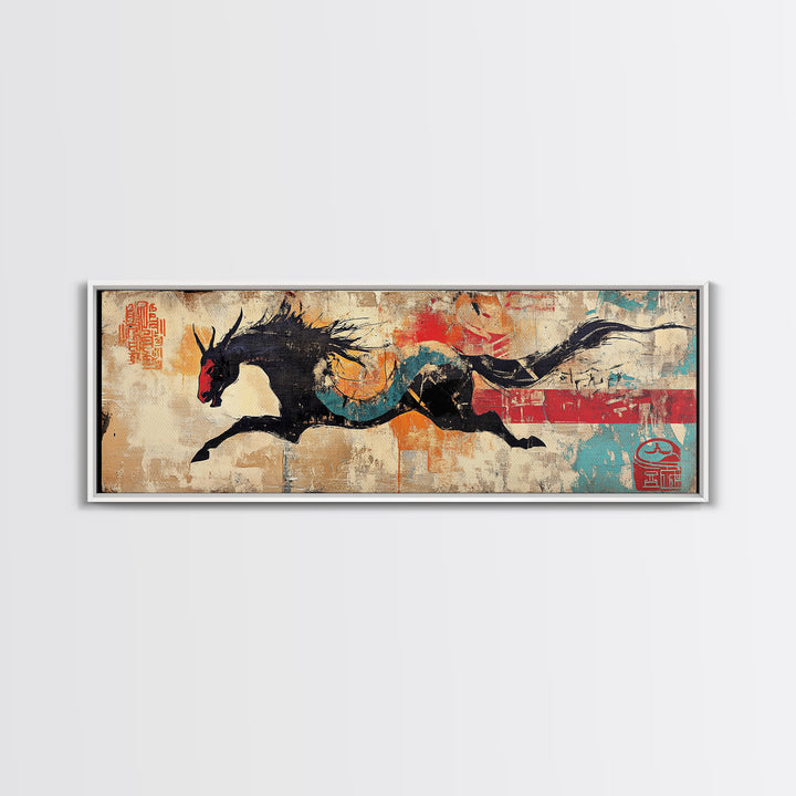 Black Dragon Horse Wall Art, Asian Fantasy Canvas Print, Japanese Decor, Mythical Creature Art, Bold Wall Decor, Gift For Him