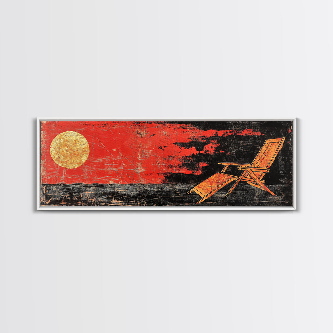 Red Sunset Beach Chair Wall Art, Coastal Lounge Canvas Print, Tropical Home Decor, Summer Ocean Poster For Living Room Decor