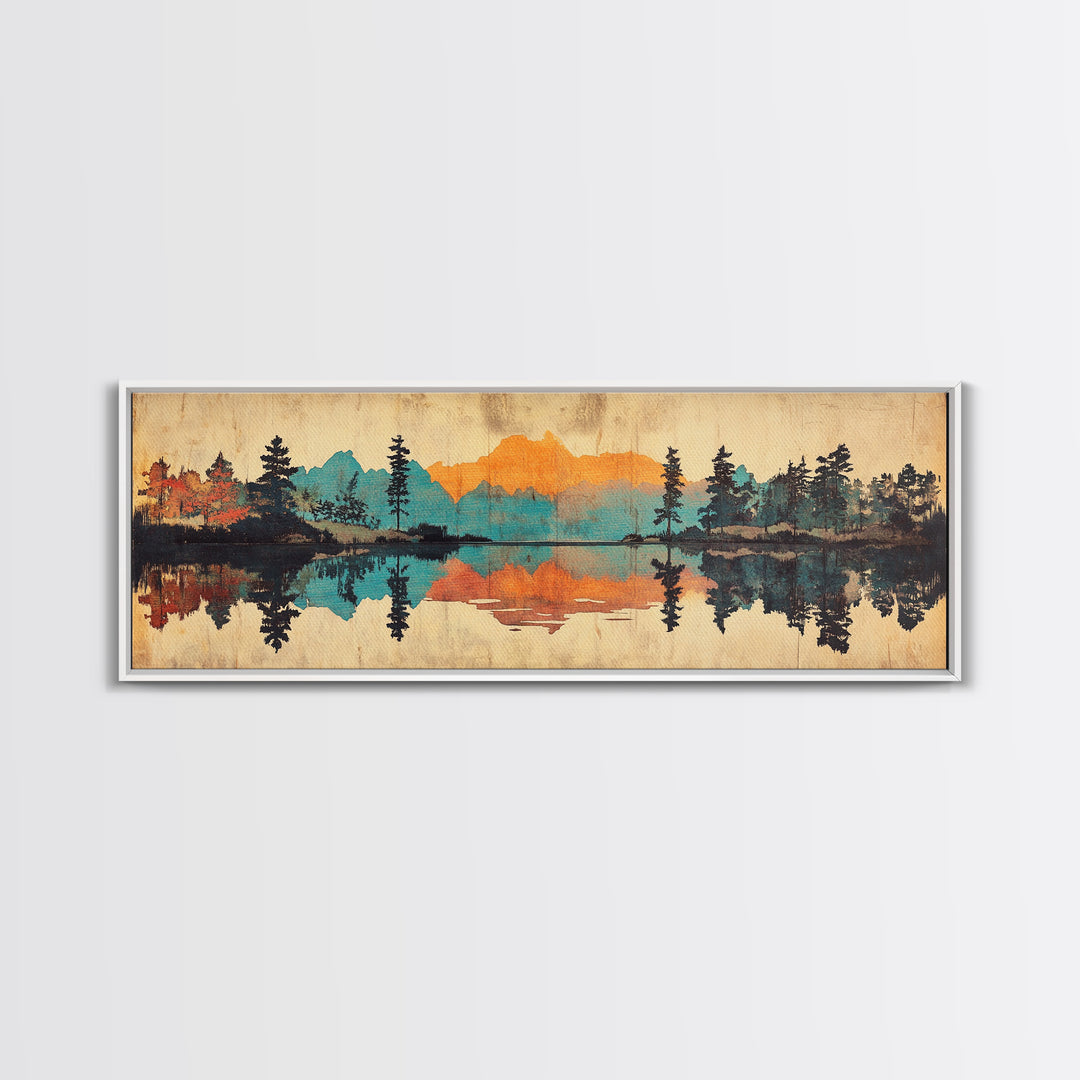 Mountain Lake Reflection Wall Art, Rustic Landscape Canvas Print, Cabin Home Decor, Panoramic Nature Art For Living Room