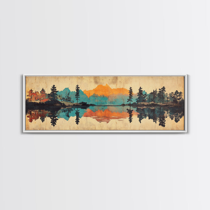 Mountain Lake Reflection Wall Art, Rustic Landscape Canvas Print, Cabin Home Decor, Panoramic Nature Art For Living Room