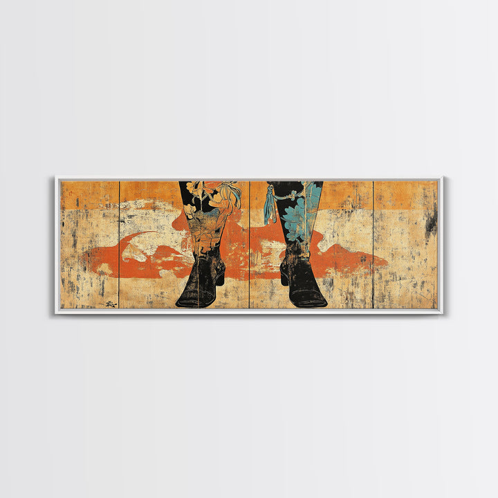 Cowboy Boots And Hat Wall Art, Western Cowgirl Canvas Print, Rustic Ranch Home Decor, Long Horizontal Bedroom Wall Decor