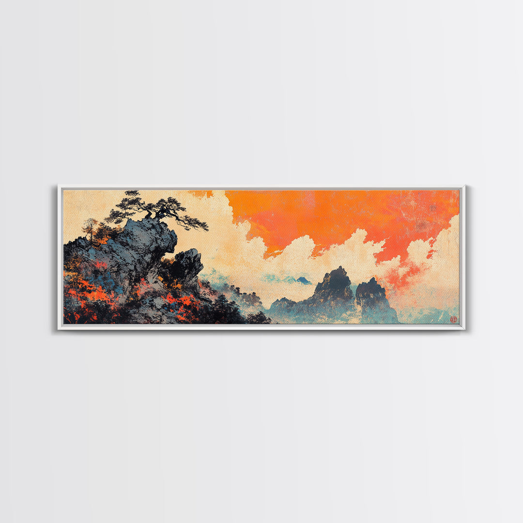 Misty Asian Mountains Wall Art, Orange Sky Landscape Canvas Print, Japanese Zen Home Decor, Dramatic Nature Poster For Living Room