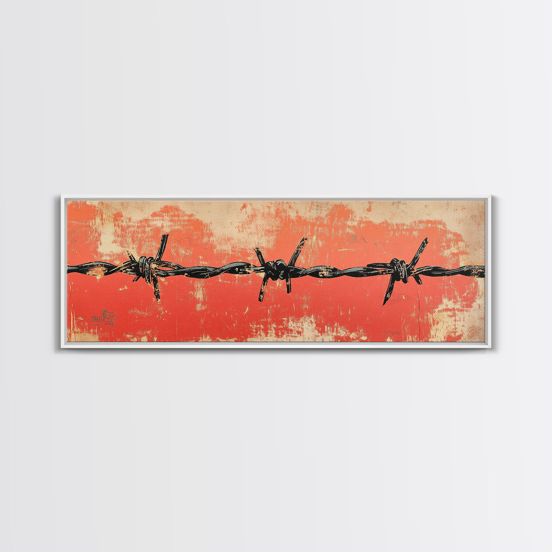 Barbed Wire Fence Wall Art, Western Rustic Print, Industrial Farmhouse Decor, Orange Grunge Canvas For Man Cave Or Office