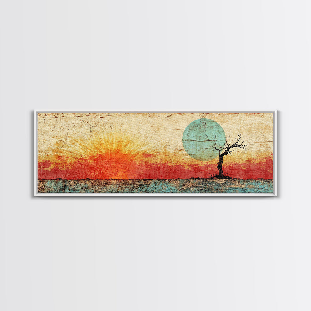 Lone Tree Sunrise Wall Art, Abstract Desert Landscape Print, Mid Century Wabi Sabi Decor, Warm Minimalist Canvas For Living Room