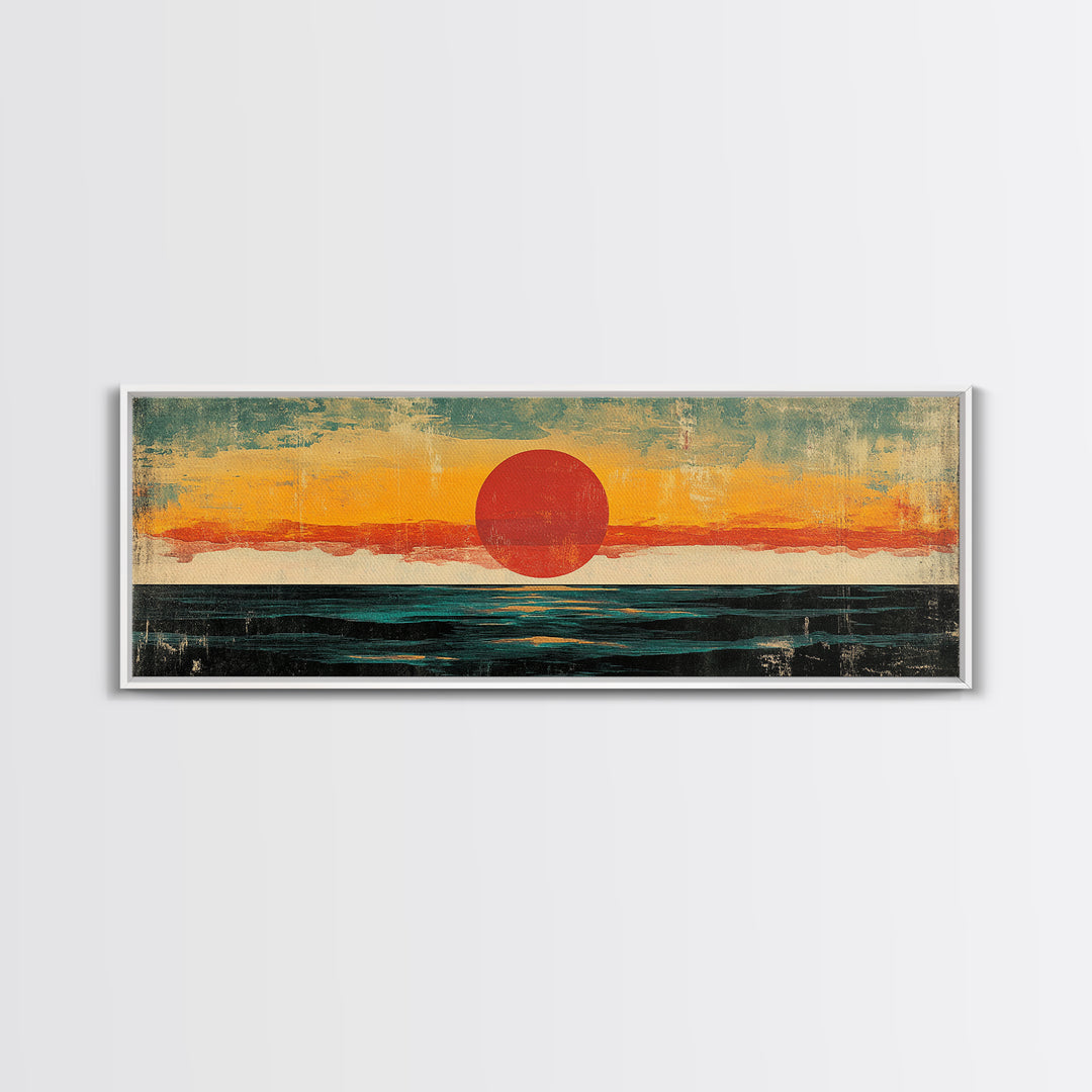 Minimalist Red Sun Ocean Wall Art, Abstract Coastal Landscape Print, Mid Century Modern Decor, Long Horizontal Canvas For Bedroom