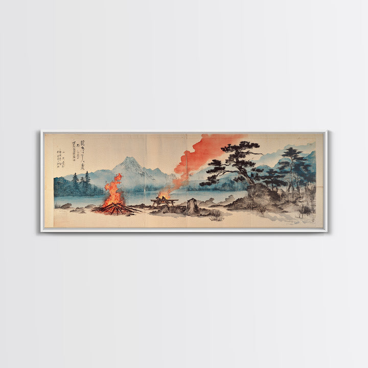 Mountain Campfire By Quiet Lake Wall Art, Japanese Landscape Canvas Print, Zen Nature Decor, Rustic Cabin Home Office Art