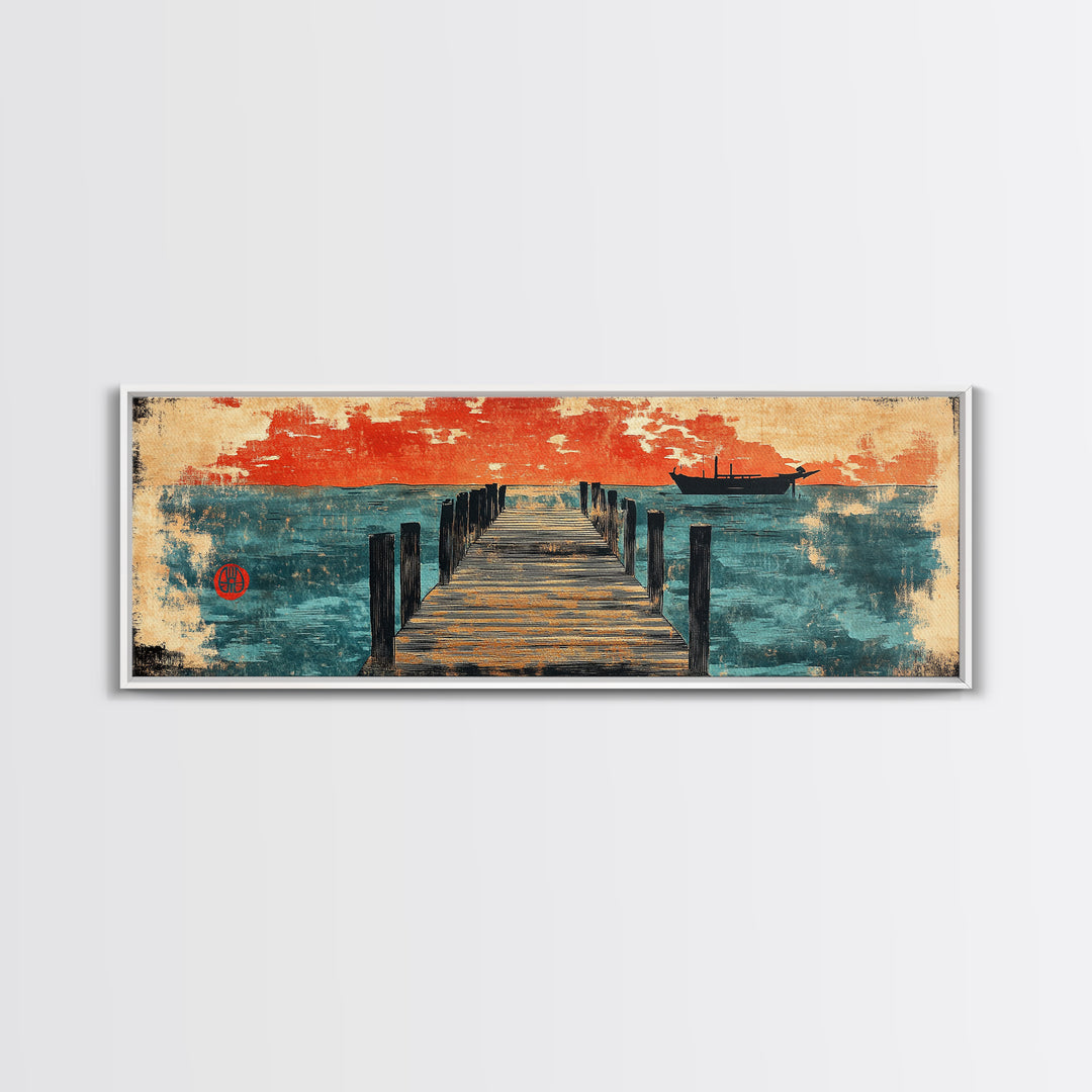 Weathered Pier And Red Sky Wall Art, Japanese Coastal Canvas Print, Ocean Sunset Decor, Large Horizontal Nautical Living Room Art