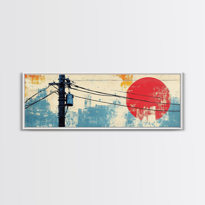 Weathered Utility Pole With Red Sun Canvas Print, Japanese Wall Art, Urban Industrial Decor, Long Horizontal Living Room Art
