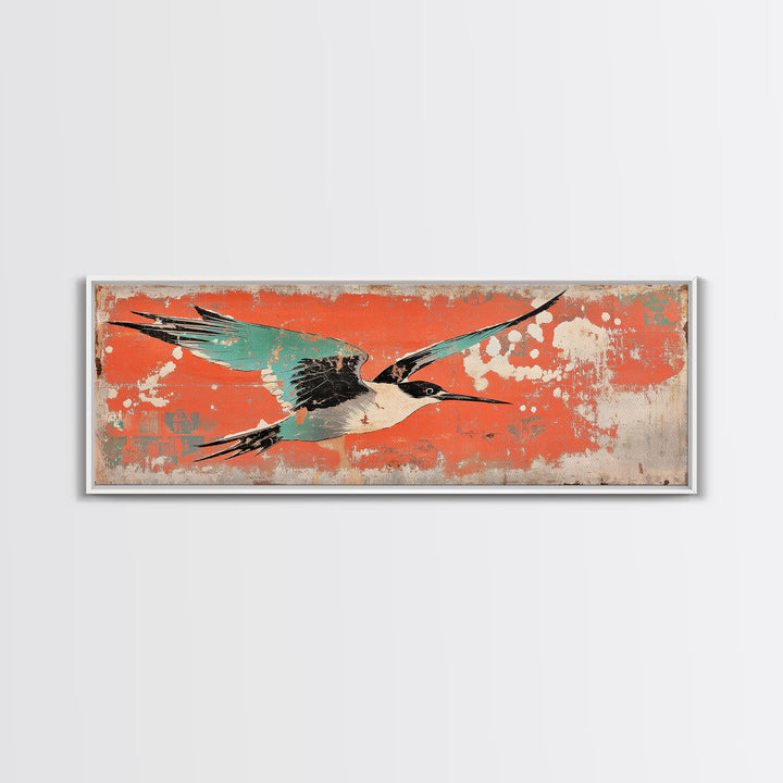 Graceful Teal Crane In Flight Wall Art, Japanese Bird Print, Coastal Wildlife Decor, Long Horizontal Canvas For Living Room