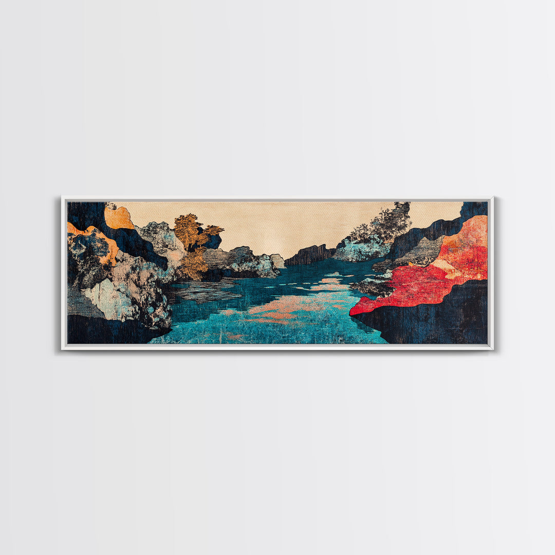 Turquoise River Canyon With Red Cliffs Canvas Print, Japanese Landscape Wall Art, Moody Nature Decor For Living Room And Office