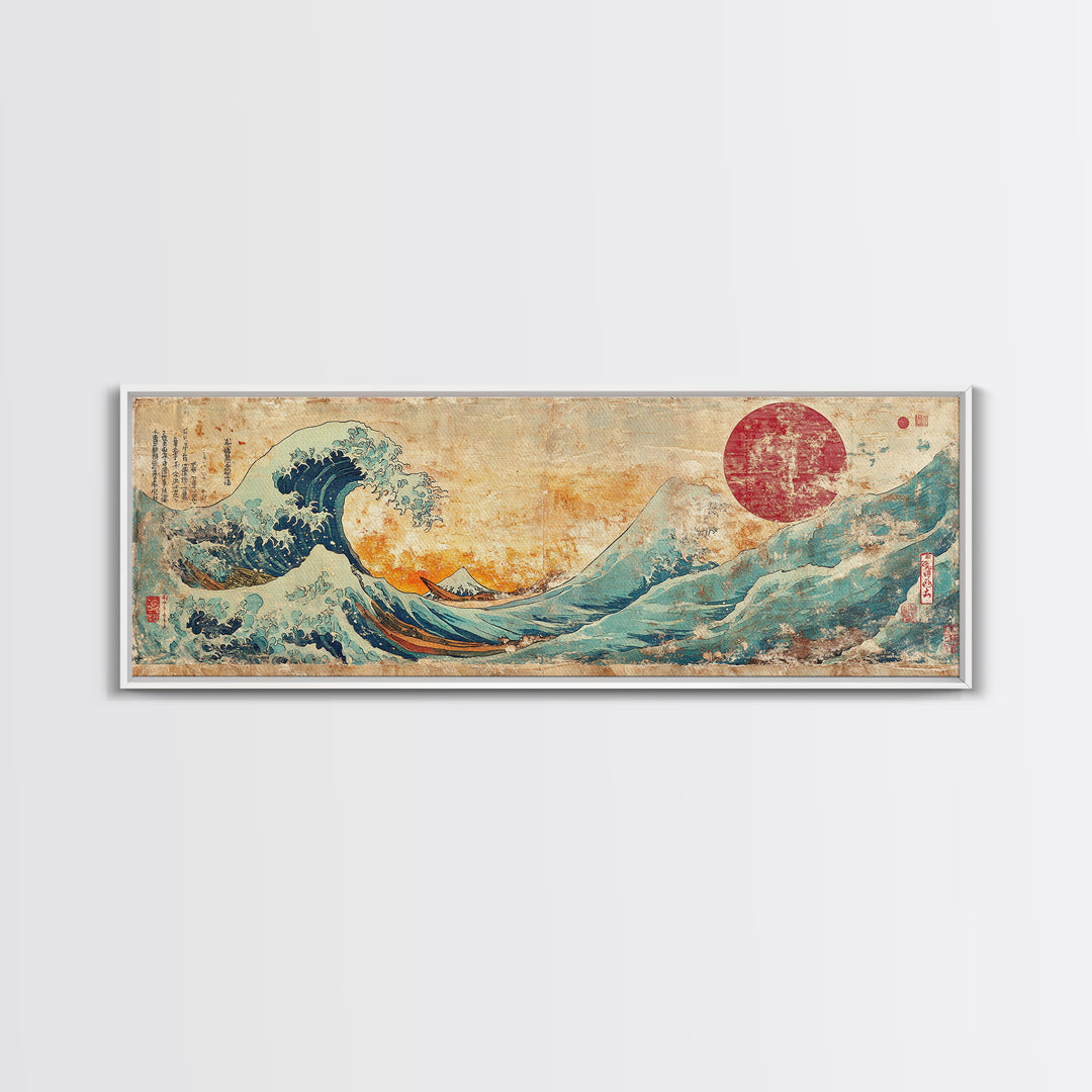 Cresting Blue Wave And Red Sun Framed Canvas Print, Japanese Seascape Wall Art, Coastal Decor For Living Room And Bedroom
