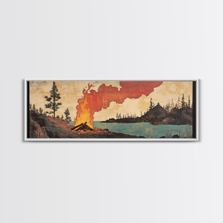 Lakeside Campfire With Red Smoke Canvas Print, Rustic Japanese Landscape Wall Art, Cabin Decor For Living Room And Office