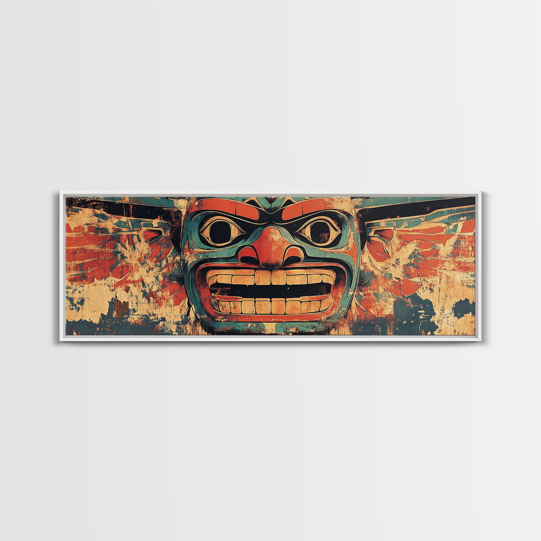 Bold Tribal Mask Framed Canvas Print, Indigenous Wall Art, Ethnic Home Decor, Pacific Northwest Style, Statement Artwork