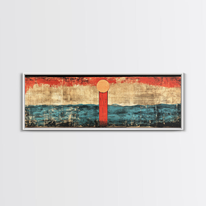 Minimal Red Sun Over Waves Canvas Print, Japanese Seascape Wall Art, Coastal Decor, Abstract Ocean Art, Japandi Home Decor