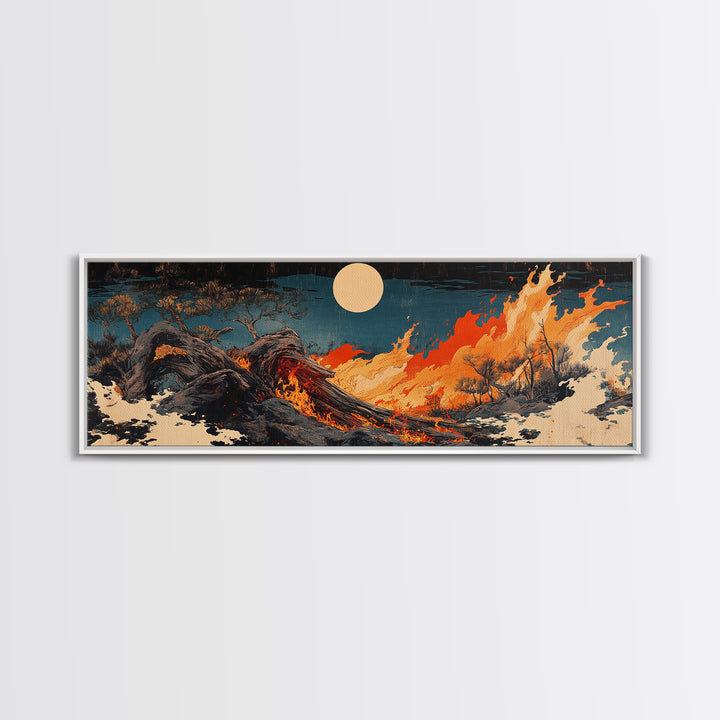 Fiery Dragon Wave Framed Canvas Print, Japanese Fantasy Wall Art, Dark Ocean Decor, Mythical Creature Art, Statement Artwork