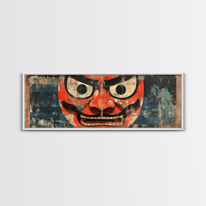 Red Oni Mask Wall Art, Japanese Framed Canvas Print, Asian Inspired Decor, Bold Folk Art, Dramatic Statement Artwork Gift
