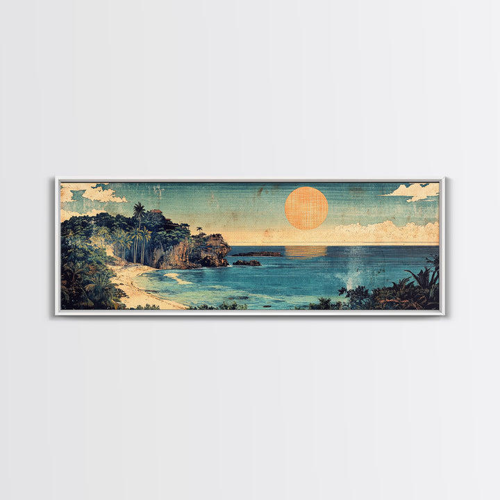 Tropical Ocean Cove Sunset Wall Art, Panoramic Coastal Canvas Print, Beach House Decor, Nautical Living Room Wall Art Print