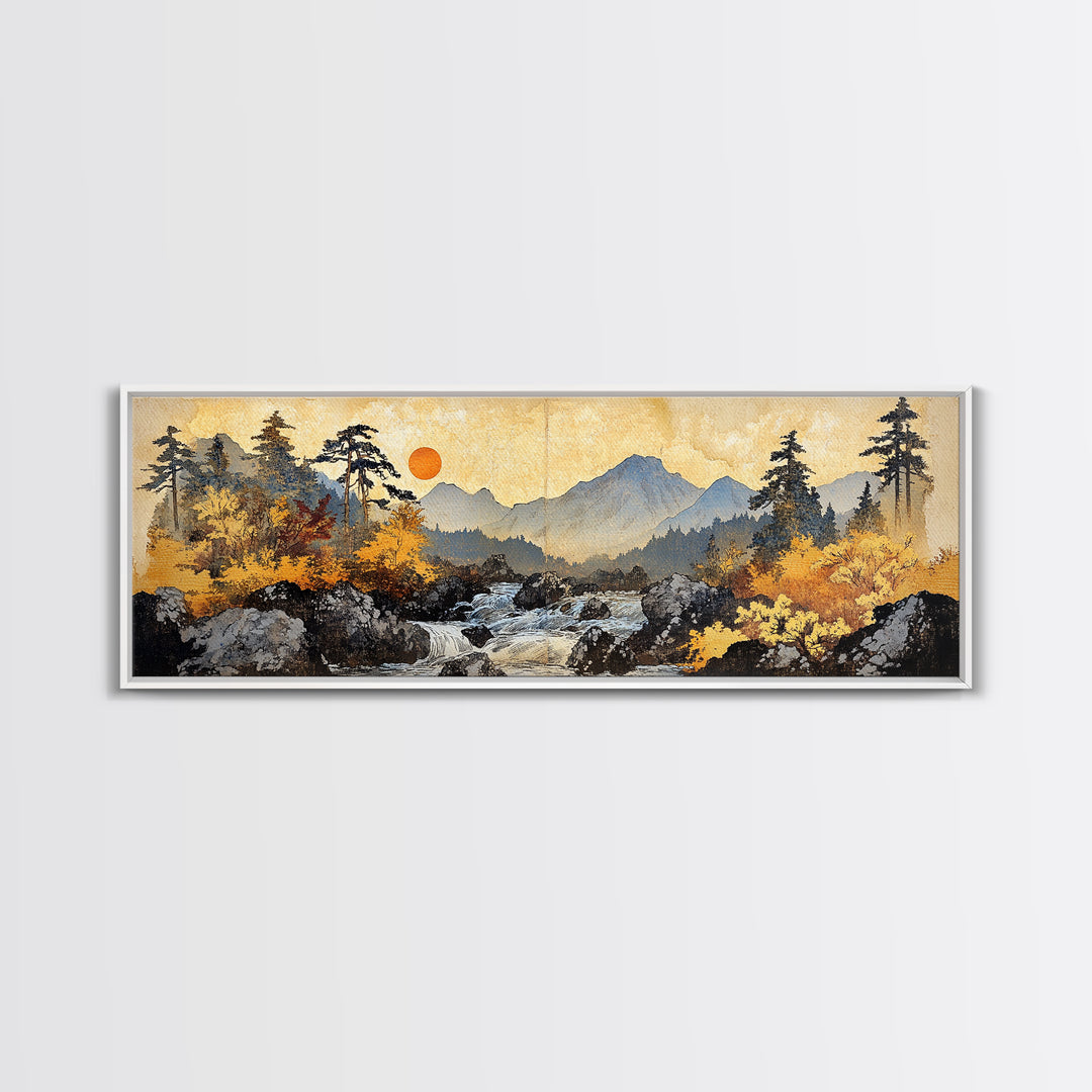 Autumn Mountain River Sunrise Wall Art, Panoramic Landscape Canvas Print, Rustic Cabin Decor, Large Nature Living Room Art