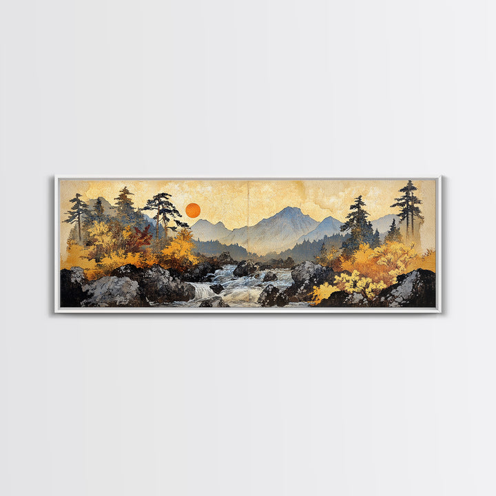 Autumn Mountain River Sunrise Wall Art, Panoramic Landscape Canvas Print, Rustic Cabin Decor, Large Nature Living Room Art