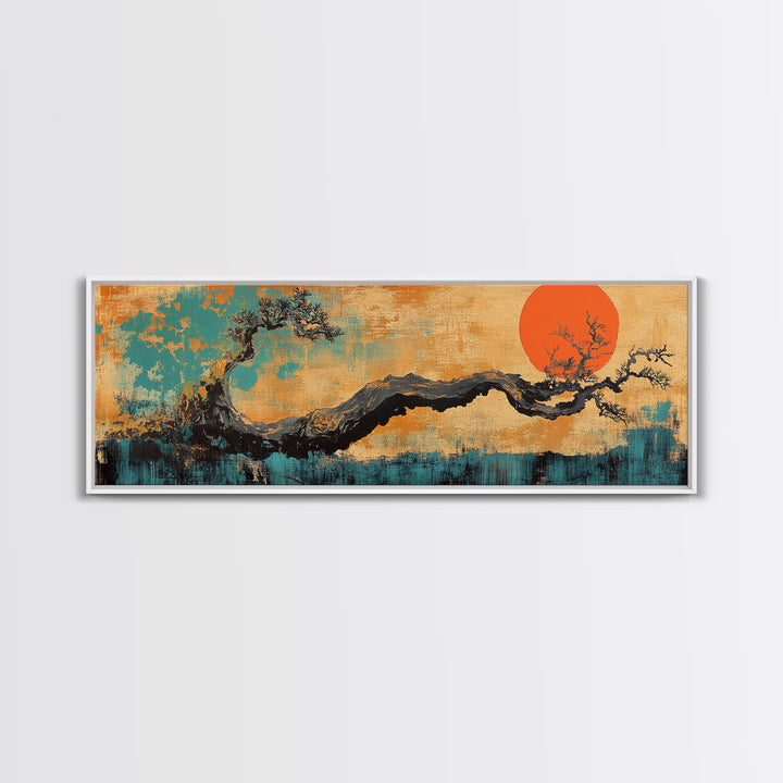 Twisted Bonsai Tree With Red Sun Wall Art, Japanese Landscape Canvas Print, Japandi Asian Decor For Modern Living Room Home Decor
