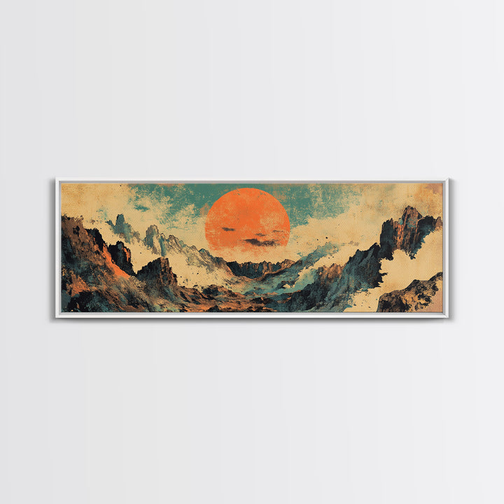 Abstract Mountain Valley With Orange Sun Wall Art, Modern Landscape Canvas Print, Japandi Earth Tone Living Room Home Decor