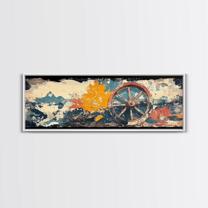 Rustic Wagon Wheel Against Painted Sky Wall Art, Western Canvas Print, Farmhouse Country Decor For Living Room Home Decor