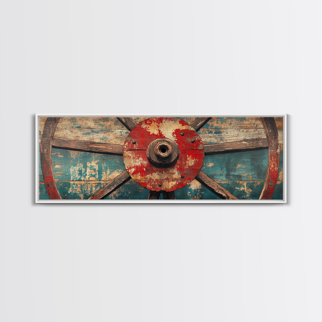 Weathered Wagon Wheel On Turquoise Wood Wall Art, Rustic Western Framed Canvas Print, Farmhouse Decor For Man Cave Home Bar Decor