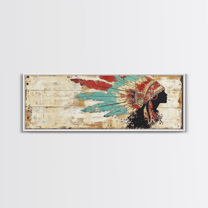 Native American Headdress Silhouette Wall Art, Western Tribal Canvas Print, Rustic Indigenous Decor For Living Room Home Decor