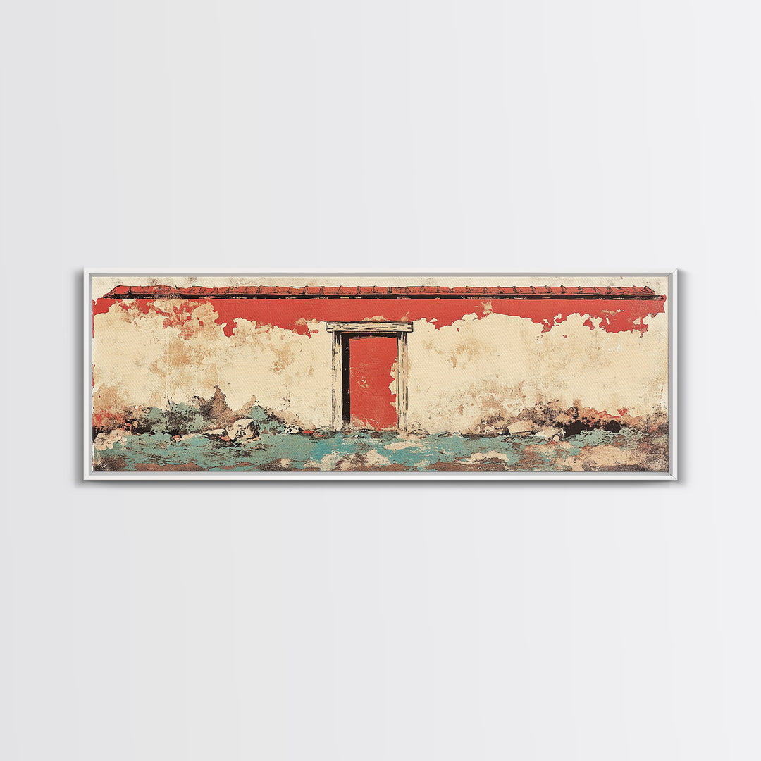 Weathered Red Door Adobe Facade Wall Art, Rustic Southwestern Canvas Print, Farmhouse Entryway Decor, Long Horizontal Art