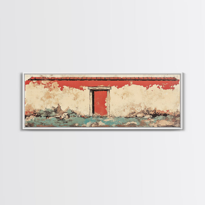 Weathered Red Door Adobe Facade Wall Art, Rustic Southwestern Canvas Print, Farmhouse Entryway Decor, Long Horizontal Art