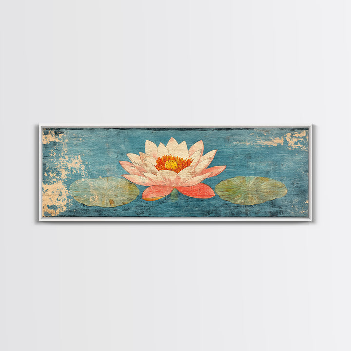 Pink Lotus Flower On Blue Pond Wall Art, Japanese Water Lily Canvas Print, Zen Bathroom Decor, Botanical Coastal Home Decor