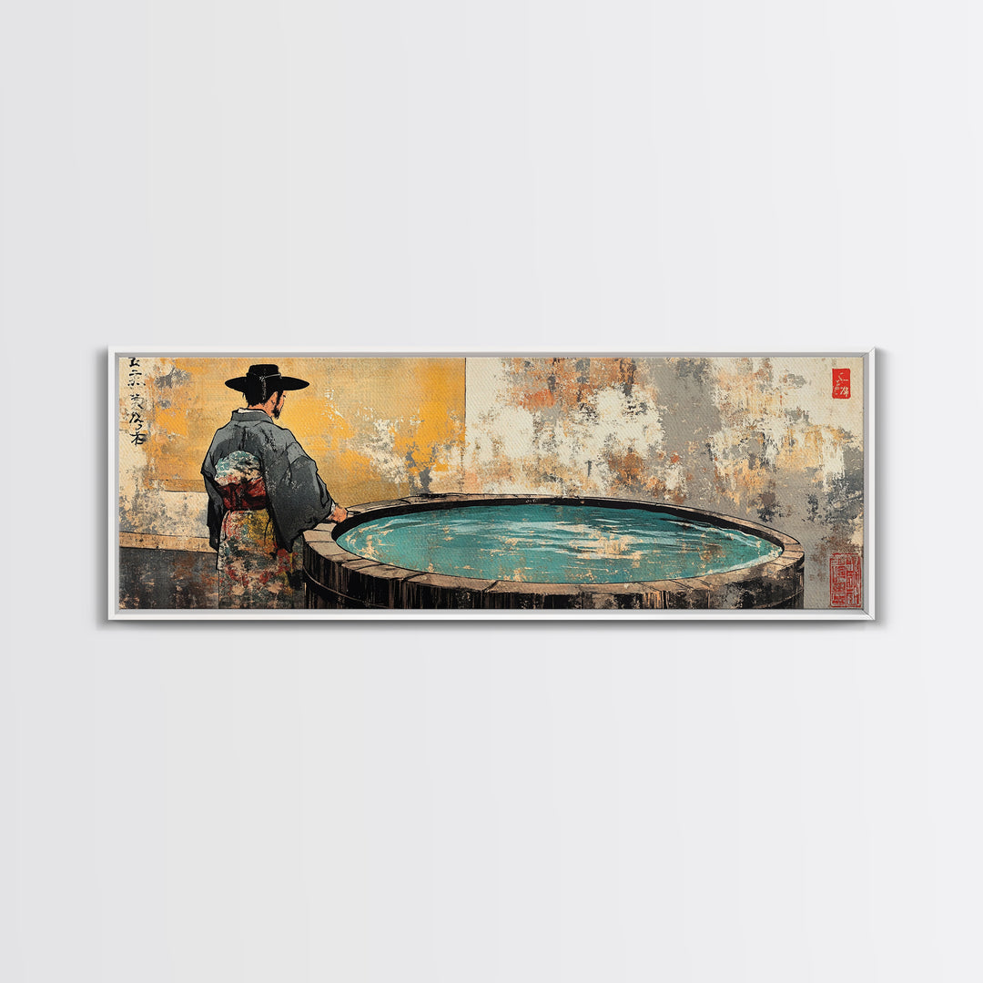 Kimono Figure Beside Round Pool Wall Art, Japanese Onsen Canvas Print, Wabi Sabi Spa Decor, Asian Bathroom Wall Decor Print