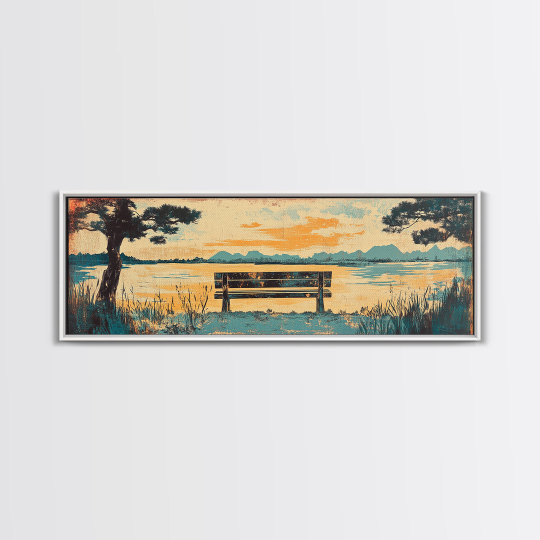 Lake Bench At Sunset With Pine Trees Wall Art, Coastal Landscape Canvas Print, Serene Living Room Decor, Long Horizontal Art