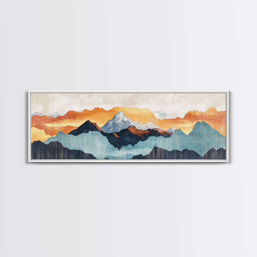 Layered Blue Orange Mountain Range Wall Art, Abstract Landscape Canvas Print, Modern Rustic Decor, Extra Wide Living Room Art