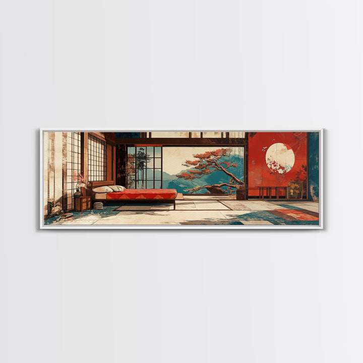 Japanese Bedroom With Moon View Wall Art, Japandi Framed Canvas Print, Zen Home Decor, Above Bed Living Room Wall Decor Print