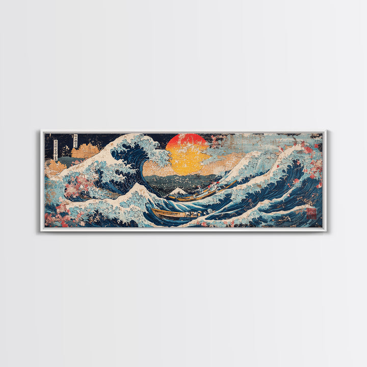 Japanese Ocean Wave And Red Sun Wall Art, Hokusai Inspired Canvas Print, Nautical Coastal Decor, Large Living Room Seascape Print