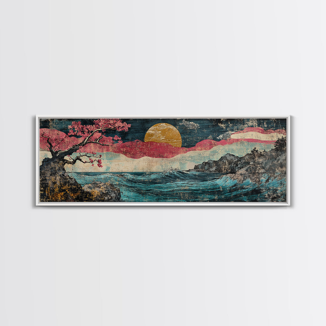 Gold Sun Ocean Wave Canvas Print, Cherry Blossom Japanese Wall Art, Coastal Seascape Art, Large Living Room Decor, Home Decor