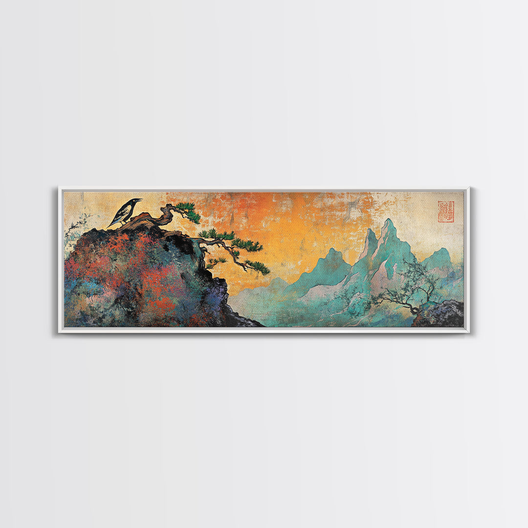 Soaring Bird Rocky Cliff Canvas Print, Teal Mountain Landscape Wall Art, Japanese Nature Art, Large Panoramic Home Decor